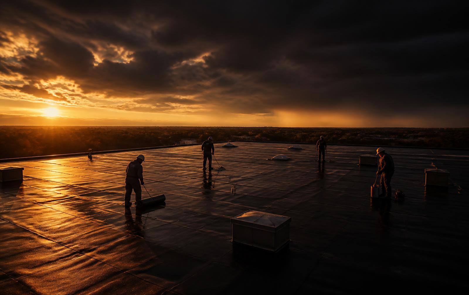 Commercial roofing crew working at sunset